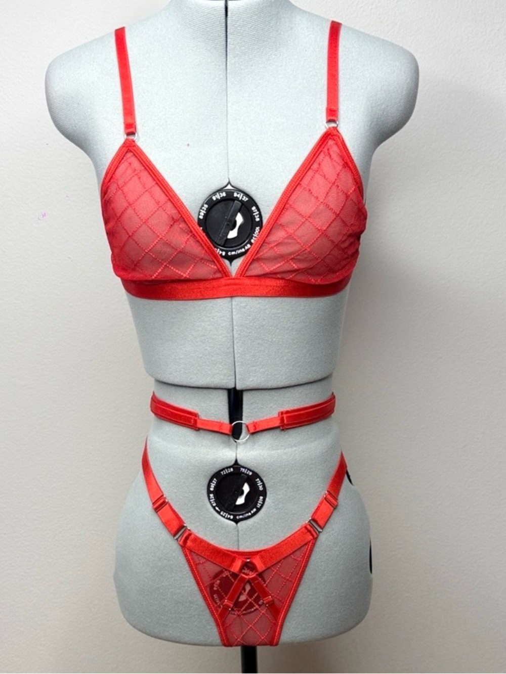 NWT Red Sheer Mesh Lingerie Set 3 PC Harness S